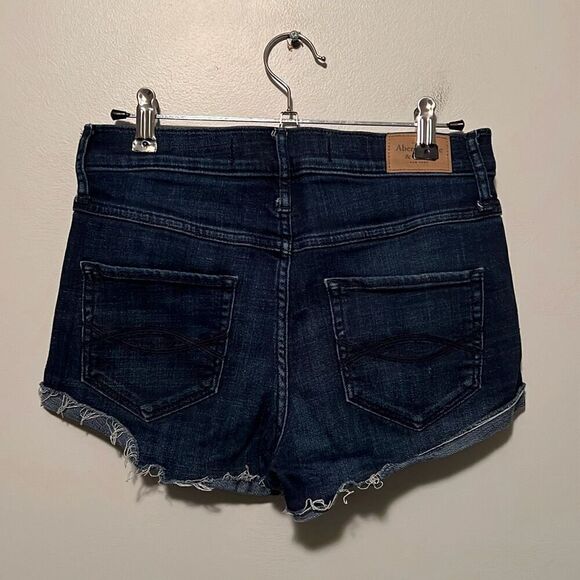 Abercrombie & Fitch Women's Dark Wash Distressed Mid-Rise Denim Shorts - Picture 4 of 7